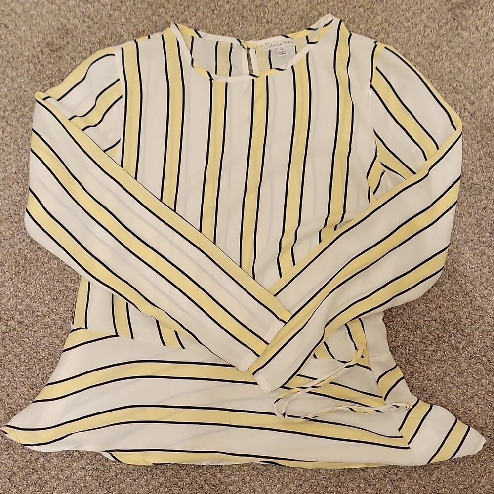 Ophelia Roe Women's XL Striped Chiffon Long Sleeve Blouse White Yellow Black